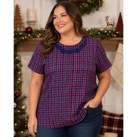 Talbots Tops - k91. Talbots XL Red Navy Plaid Short Sleeve Blouse Beaded Floral Neckline Top